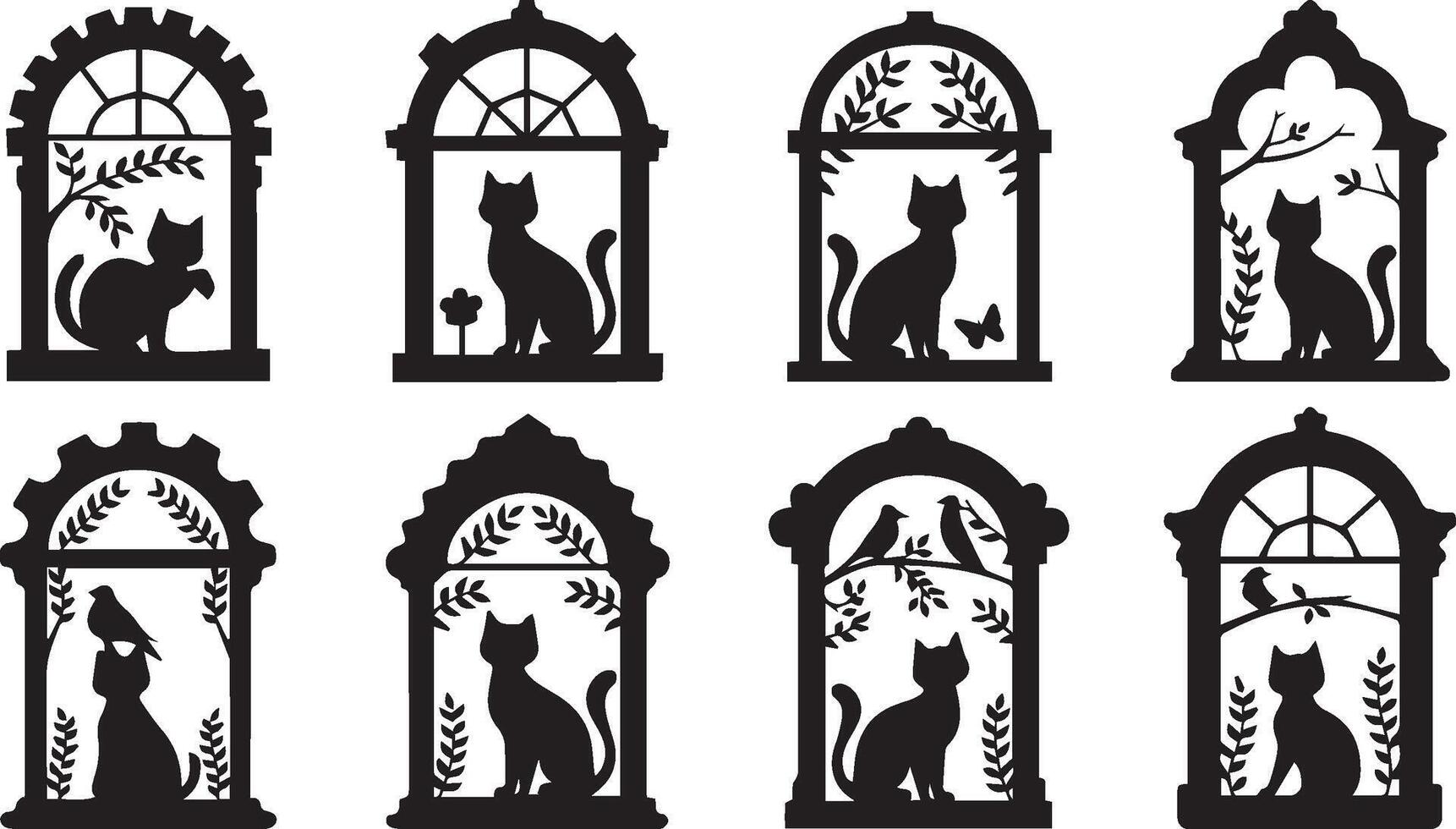 black and white silhouette images of windows with cats vector