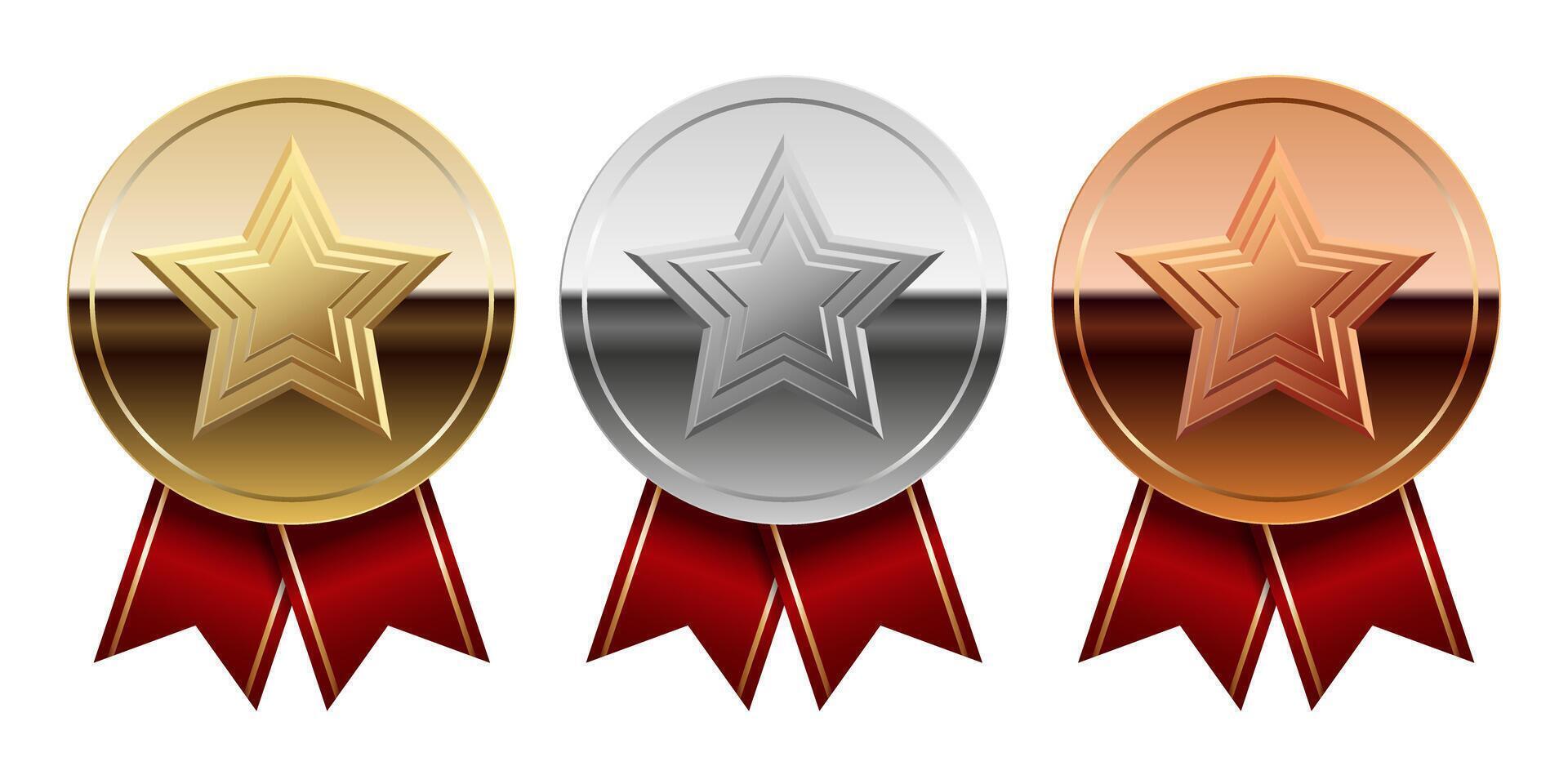 Golden silver and bronze glossy mirror medal with red ribbons and star for sport and games vector