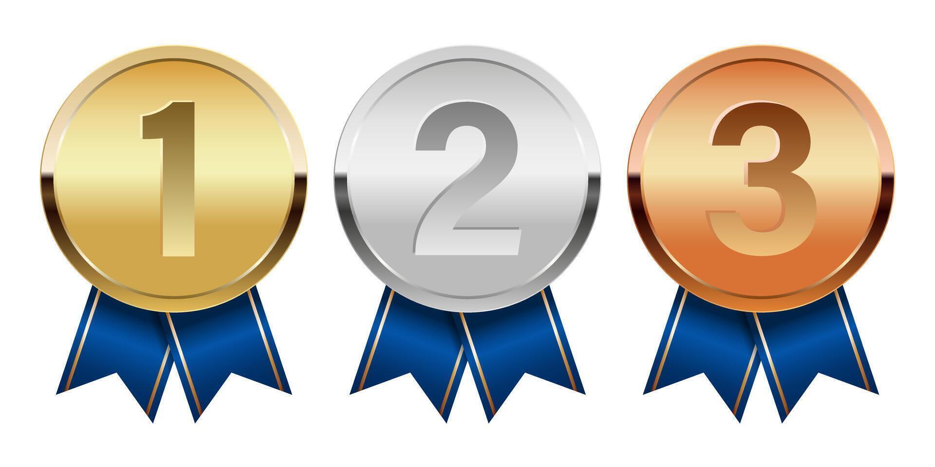 Golden silver and bronze award medal with blue ribbons for sport and games vector