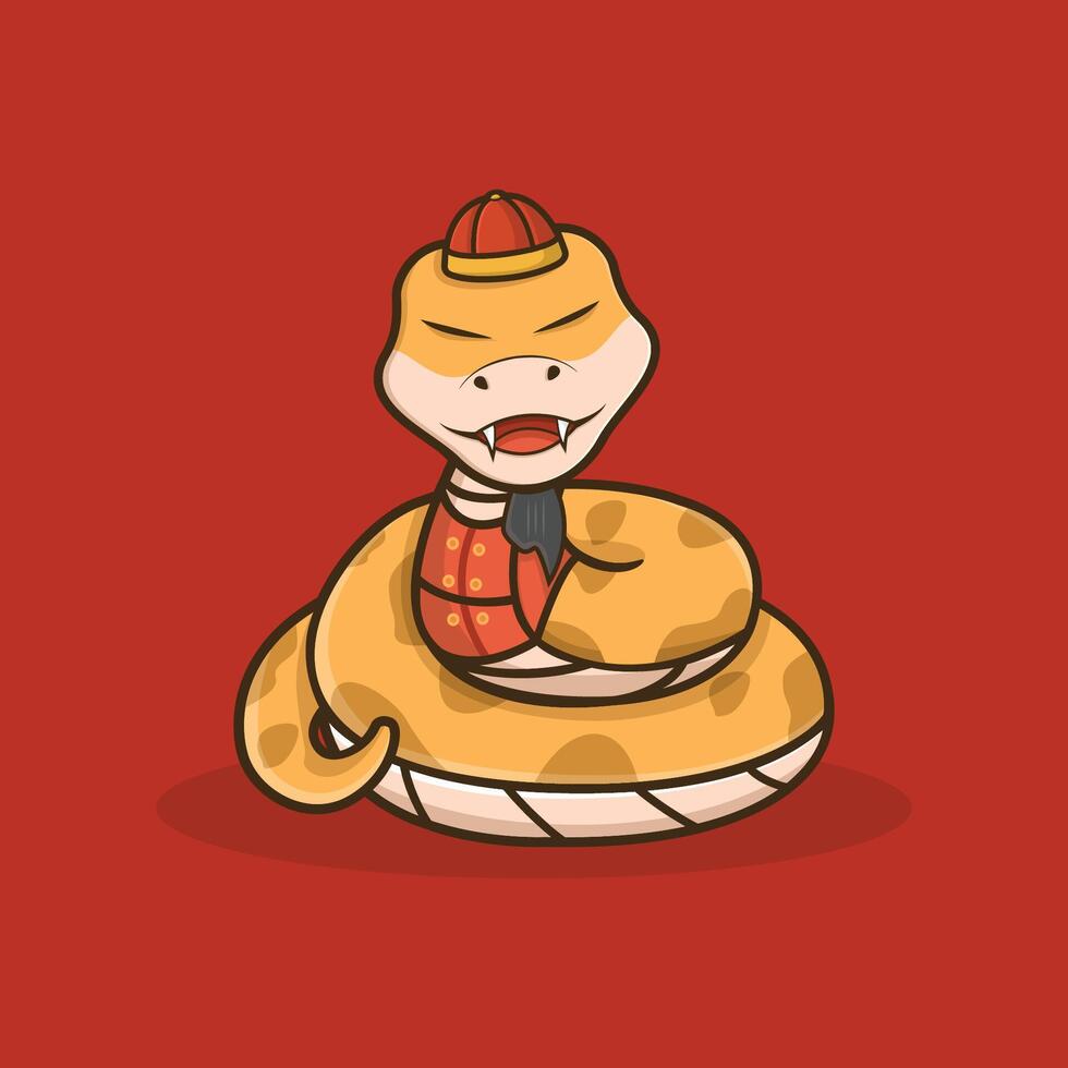 Illustration of flat cute snake wearing chinese hat and shirt. vector