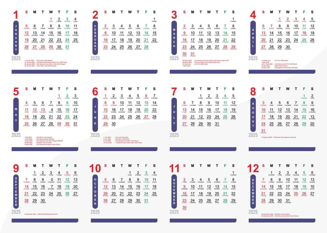 Calendar layout design 2025 with Indonesia National Holidays and Hijriyah 1447 vector