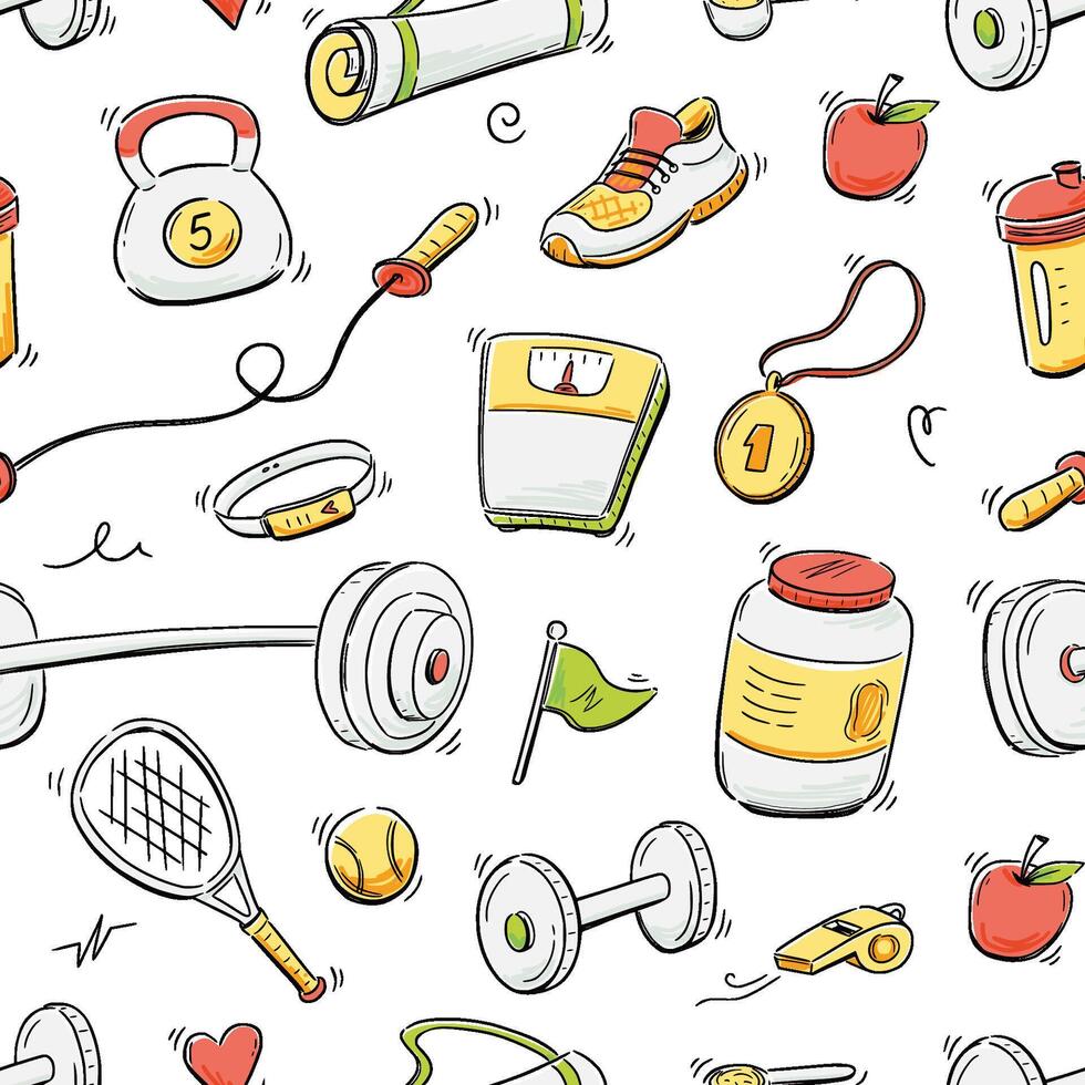 Doodle gym sketch health seamless pattern background. Hand drawn sketch doodle healthy sport, gym fit exercise equipment background. Hand drawn tennis ball, bottle, dumbbell fit. vector