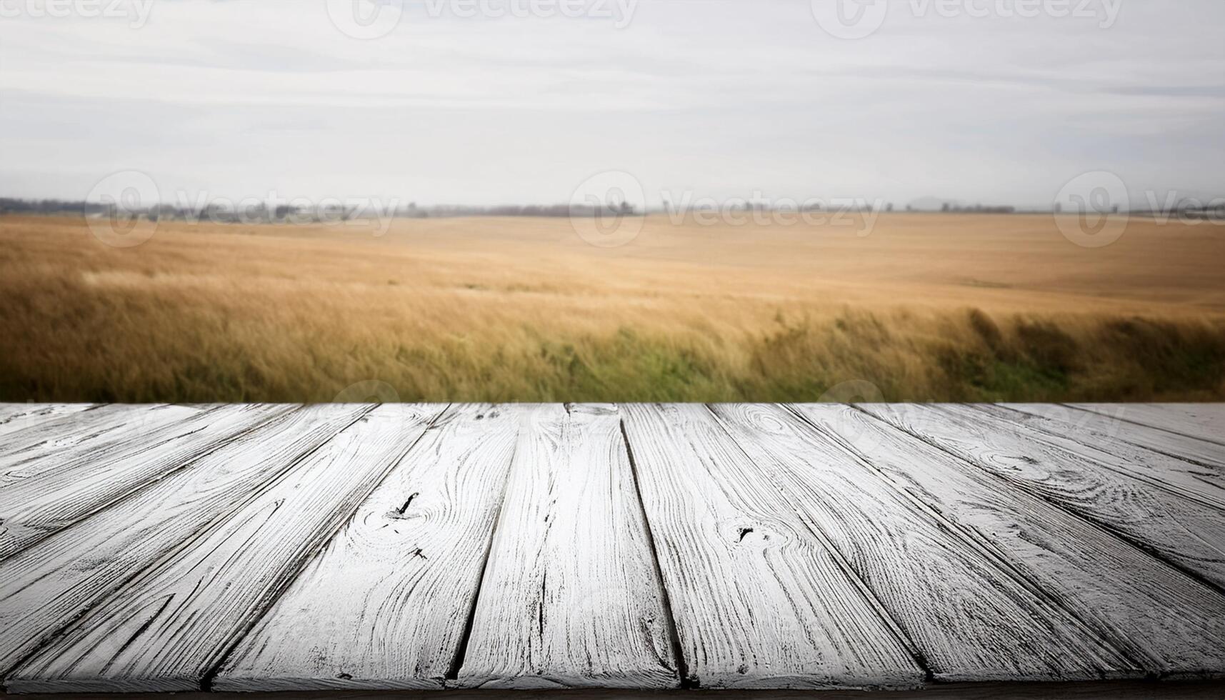 Rustic White Wooden Tabletop Over Golden Wheat Field Landscape photo