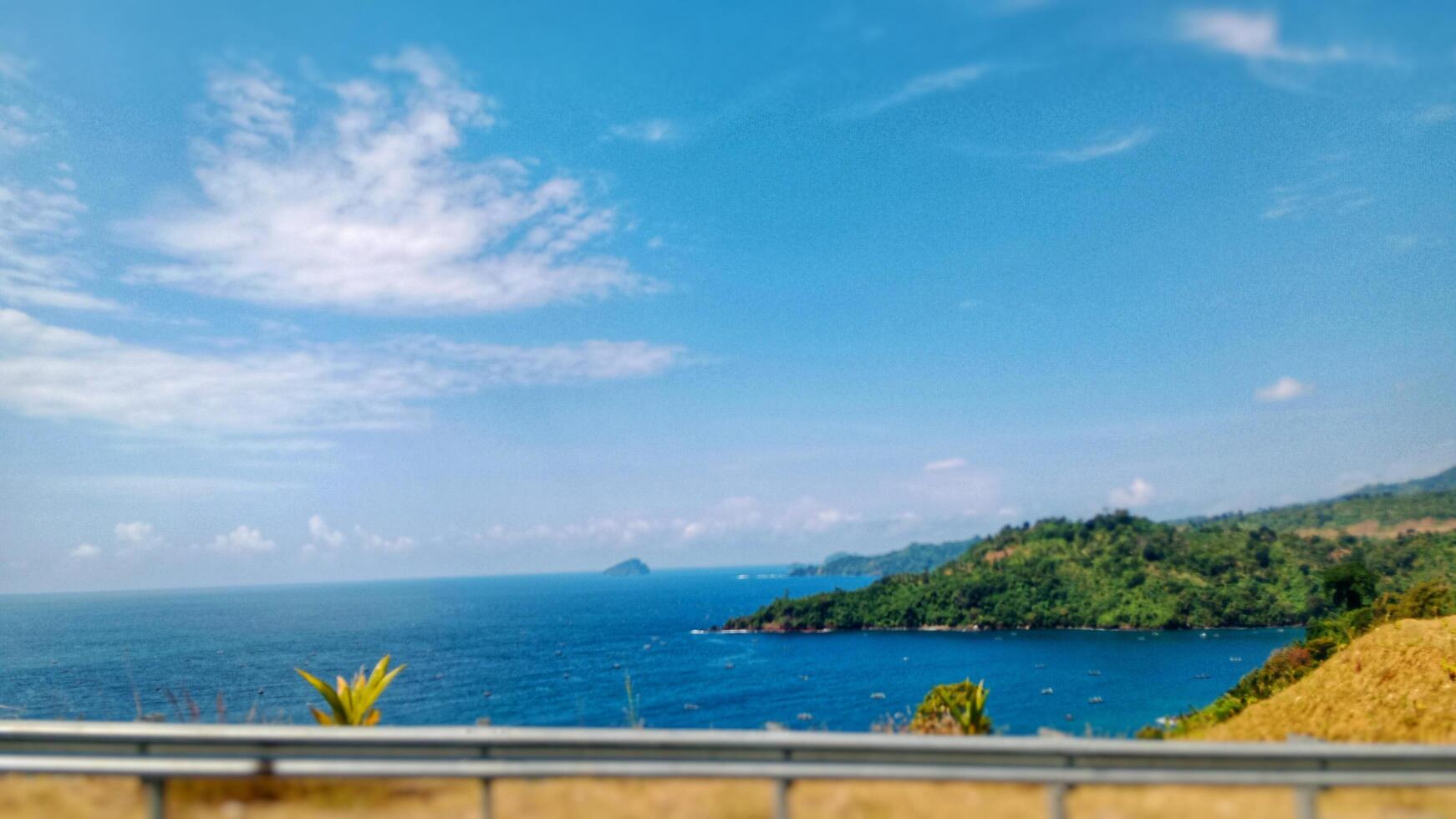 Serene Coastal View Under Clear Blue Sky with Vibrant Greenery photo