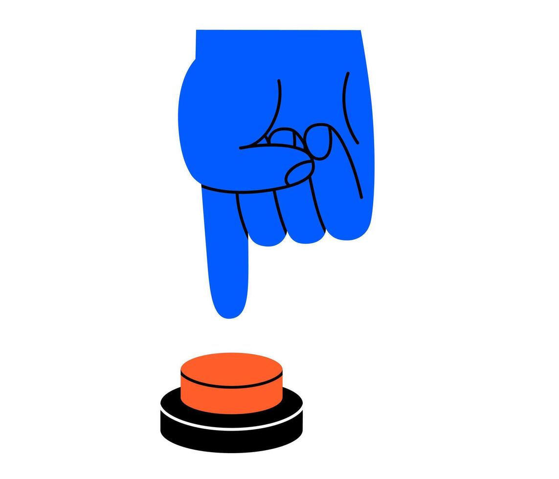Hand drawn cute cartoon illustration hand pressing emergency warning red button. Danger alarm pressbutton. Flat problem caution sign doodle. Stop signal. Launch or start. Isolated. vector