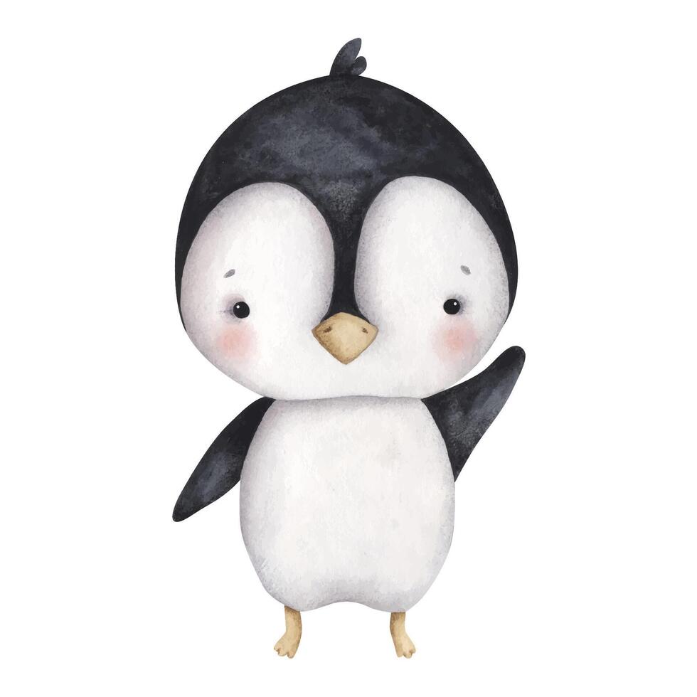 Penguins. Watercolor hand-drawn illustration with baby penguin that flaps its wing. Cute cartoon elements for kids. vector