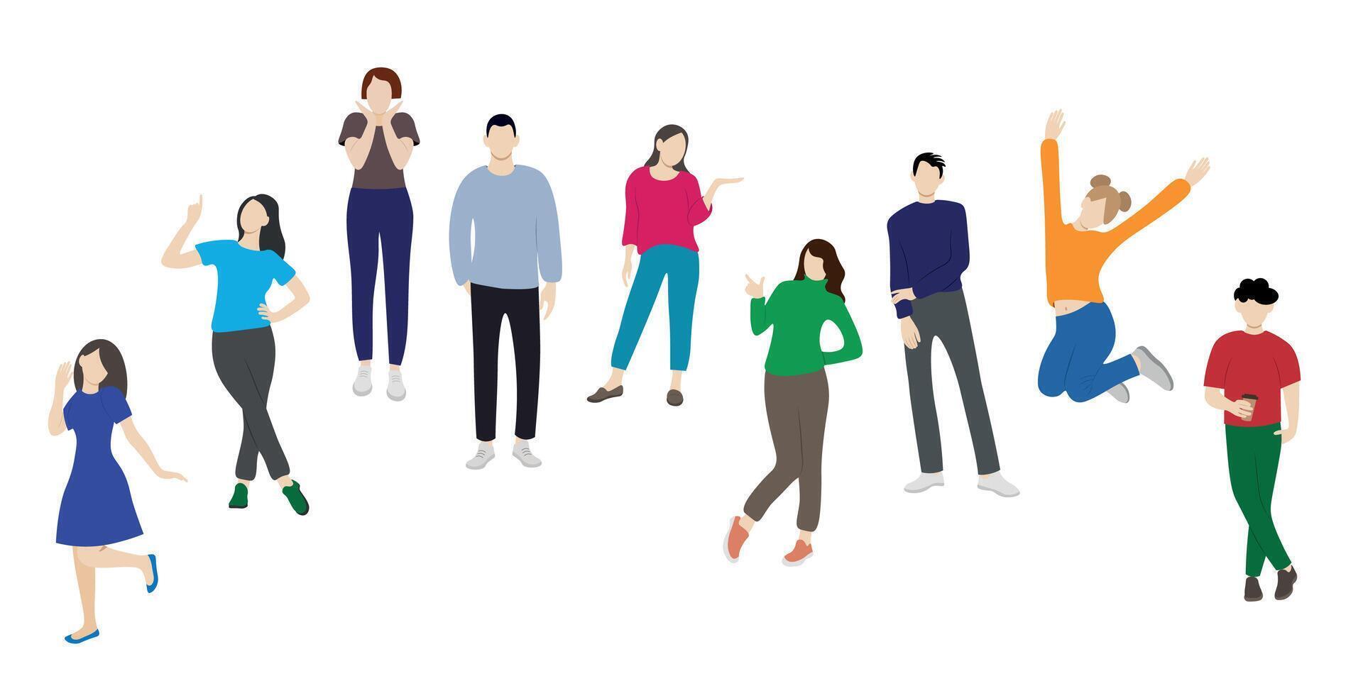 Young cheerful young people posing, faceless illustration, flat style, isolate on white vector