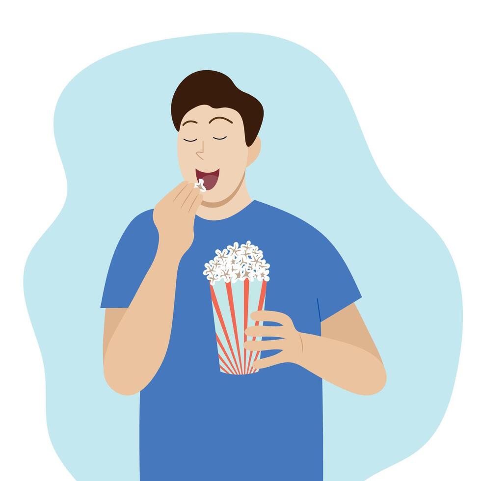 Young guy eating popcorn with eyes closed in pleasure, faceless illustration, flat style, isolate on white vector