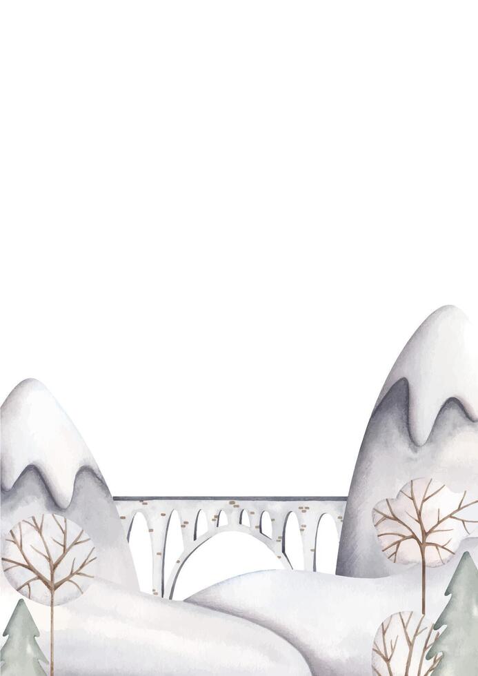 Watercolor hand-drawn illustration, frame with snowy mountains, arch bridge, snowdrifts and tree. Cute cartoon card template for kids. vector