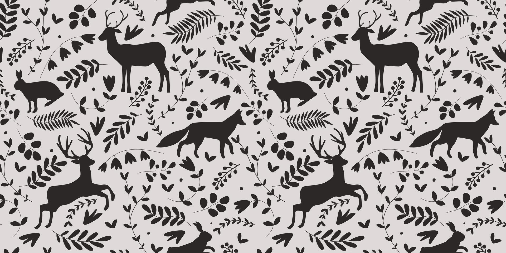 Seamless pattern with silhouettes of forest animals, plants, flowers. Abstract deer, hares, foxes in monochrome print. vector