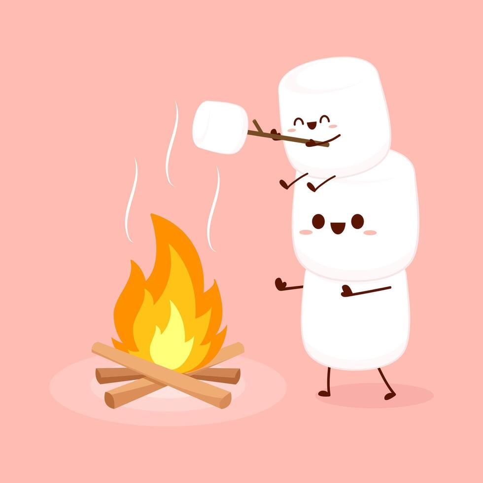 Marshmallow character. Marshmallow piece on skewer roasting on forest bonfire. bonfire . Marshmallow cartoon . vector