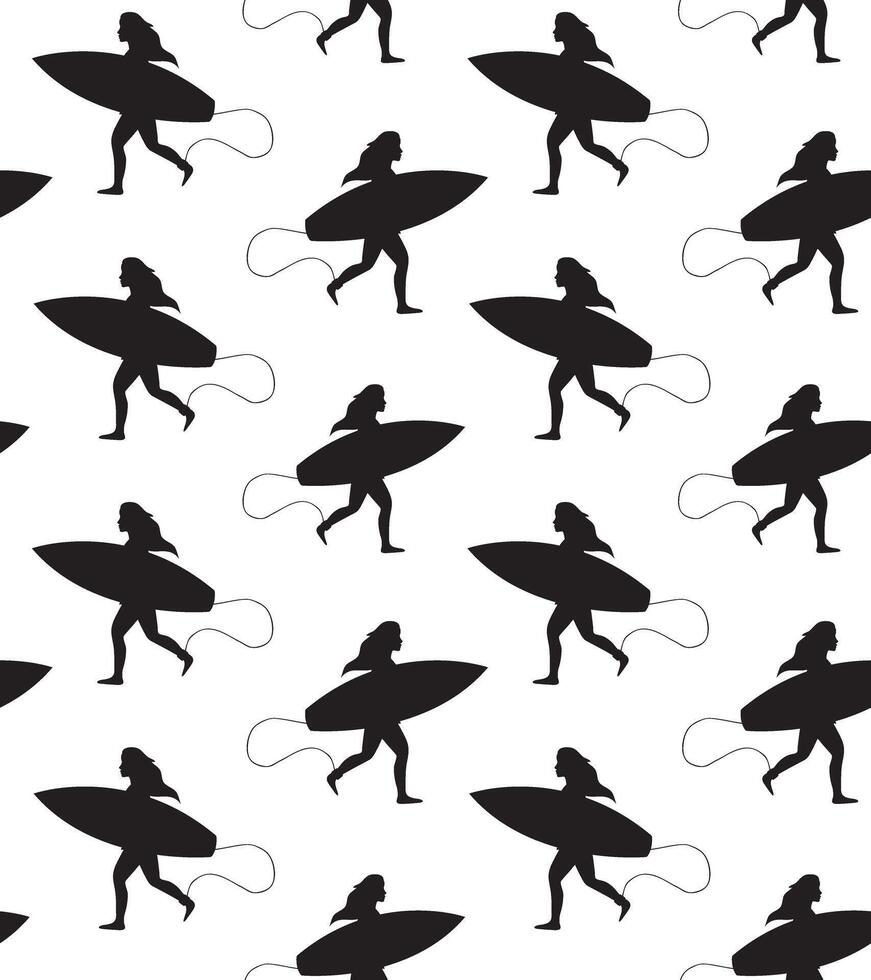 Seamless pattern of woman running with surf vector