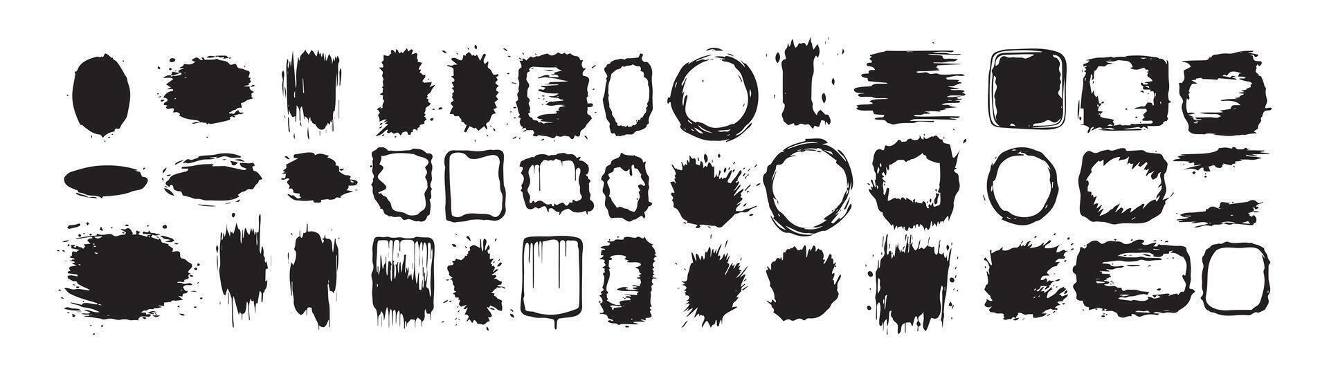 Set of black grunge brush strokes isolated on white background. Concept of abstract shapes, artistic design elements, paint smudges, creative borders vector