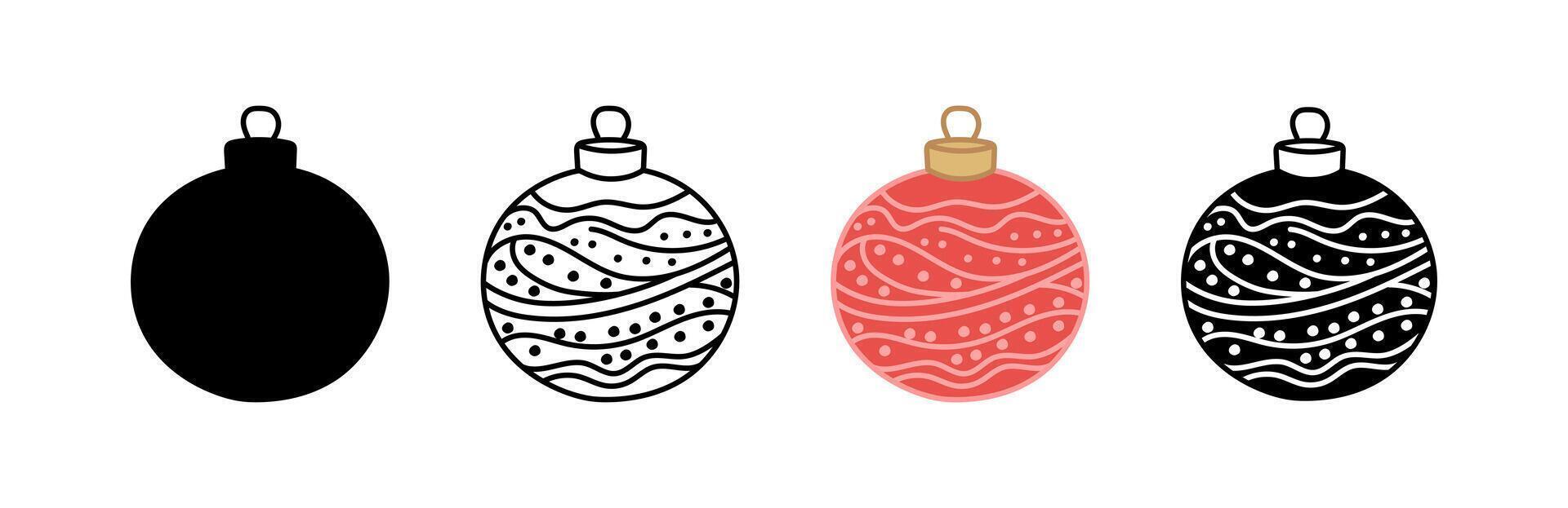 Christmas ornament icon set, including outline, silhouettes and red variations isolated on white background. Concept of Holiday decoration, winter decor, Christmas balls, bauble, New Year vector
