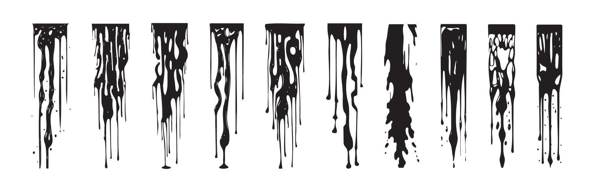 Set of Black paint drips isolated on white background. Concept of abstract design, paint splatter, grunge style, drip effect. Print, icon, design element vector
