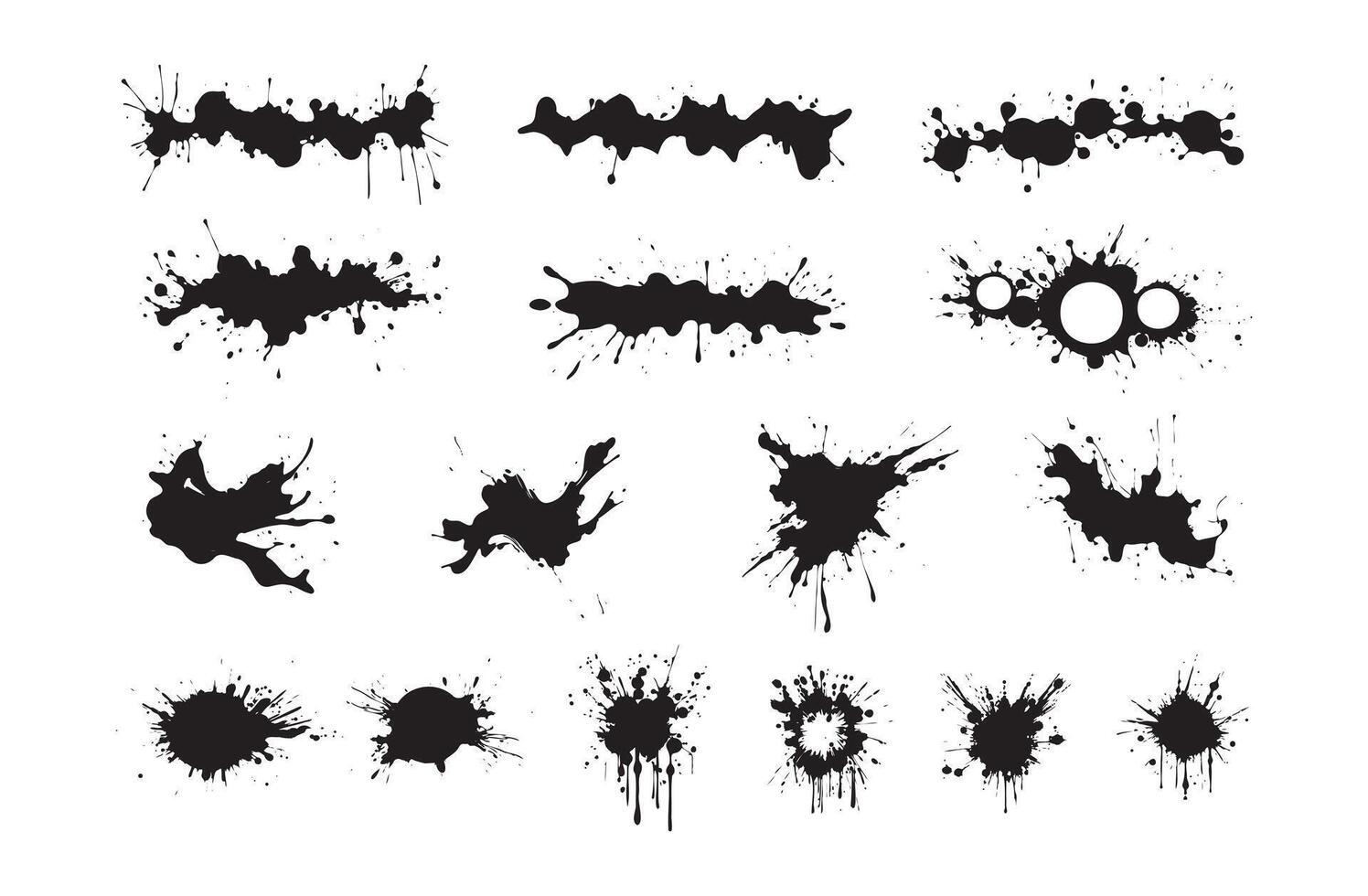 Collection of Black Ink Splashes and Splatters Isolated on White Background. Concept of artistic design elements, grunge texture, creative illustrations, abstract shapes vector