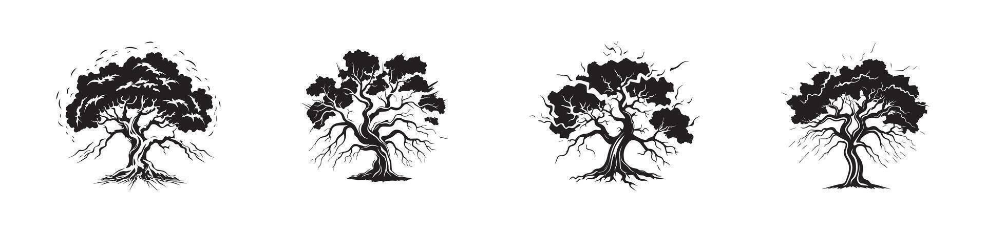 Set of four black silhouette trees with intricate roots and branches isolated on a white background. Concept of nature, growth, tree symbolism, and minimalist design vector