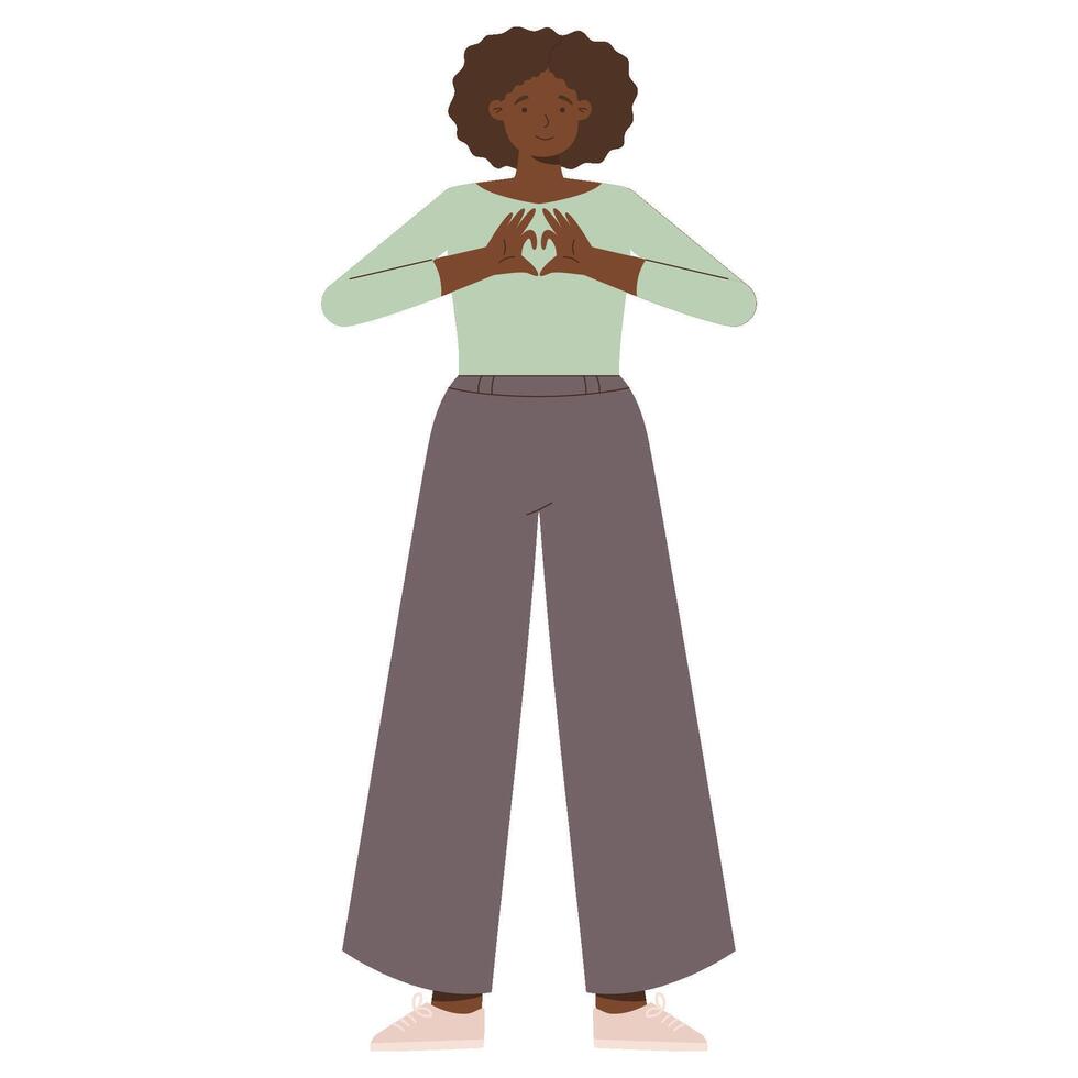 Illustration of a Dark-Skinned Woman with Curly Hair in Mint Green Top and Gray Pants Showing Heart Gesture vector