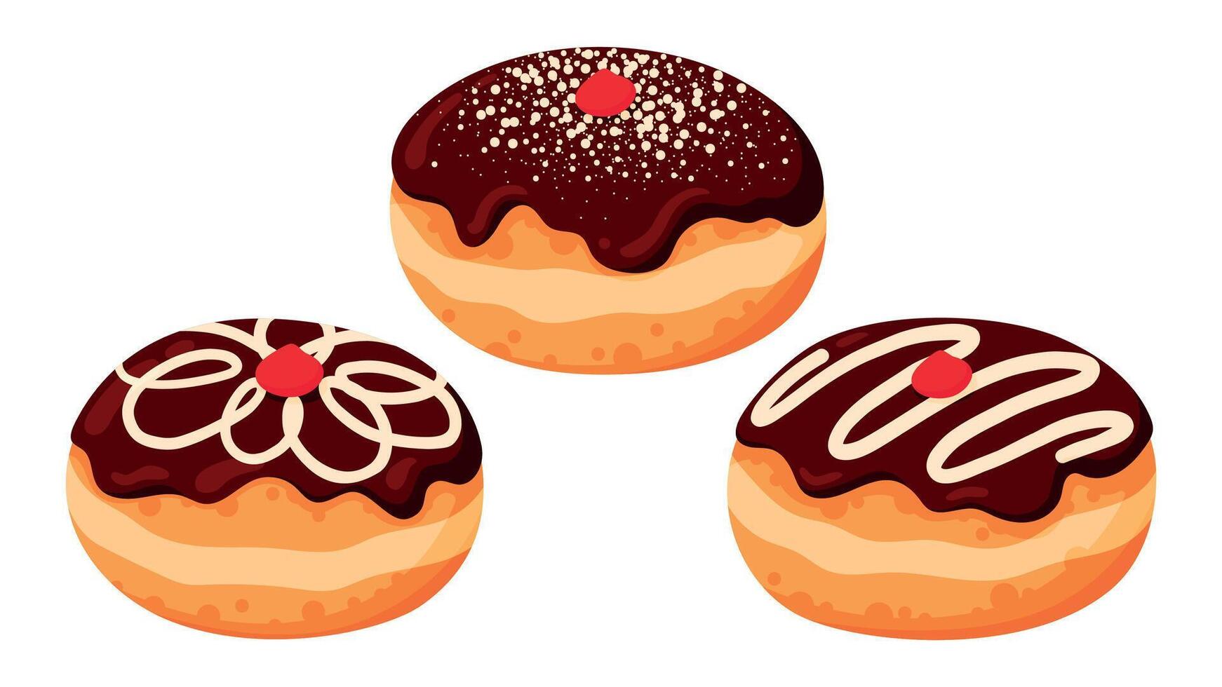 Sufganiyot. Set of Jewish Traditional Hanukkah Holiday Fried Pastry. Chocolate Glazed Jelly Doughnuts vector