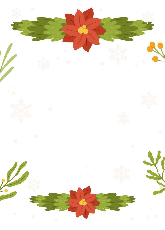 Festive Poster template frame featuring red poinsettia flowers, greenery accents, yellow berries, and snowflakes on a white background with blank space. vector
