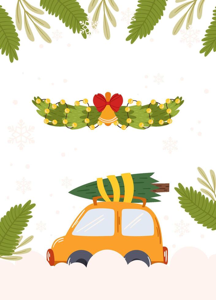 Poster Template Frame of a car carrying a Christmas tree, a garland with lights and bells, and greenery accents on a snowy background with blank space. vector