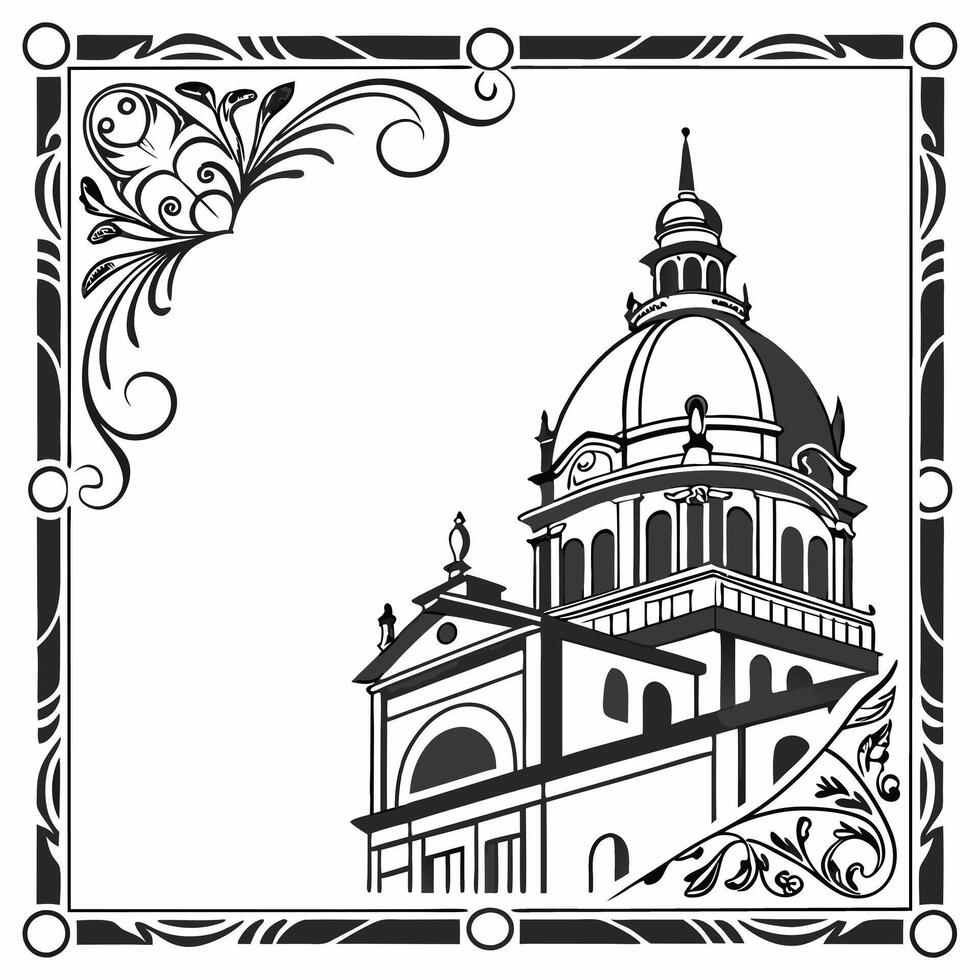 A black and white drawing of a church vector