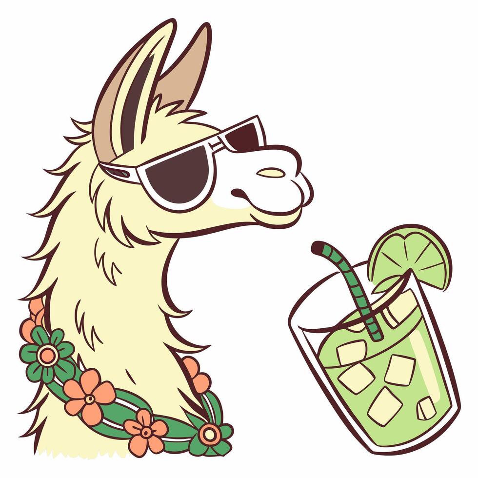 Illustrated llama drinking a margarita vector