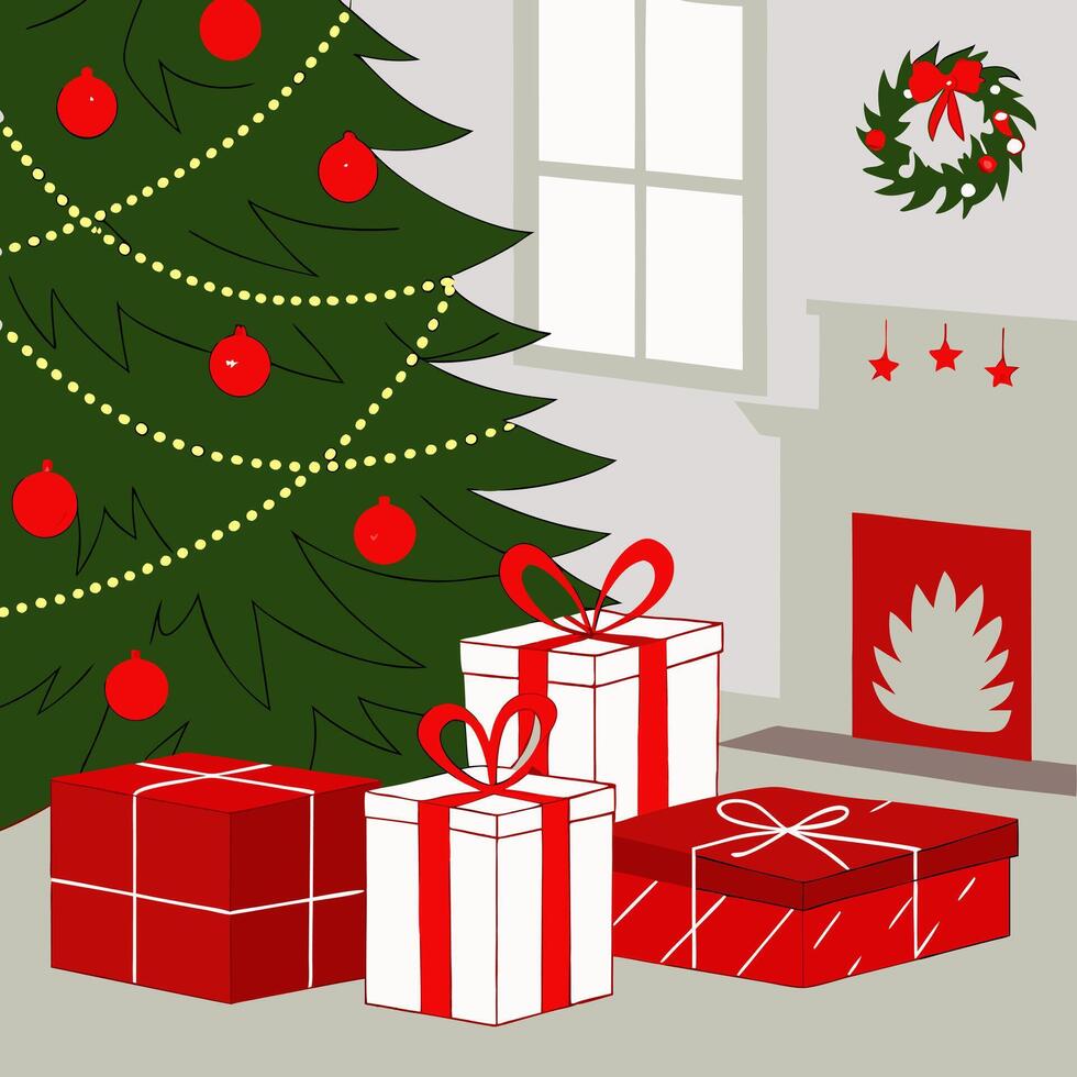A christmas tree and presents in front of a fireplace vector