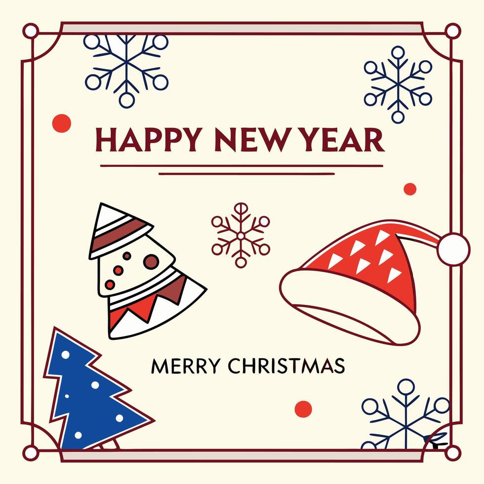 Happy new year greeting card with christmas tree, hats and snowflakes vector