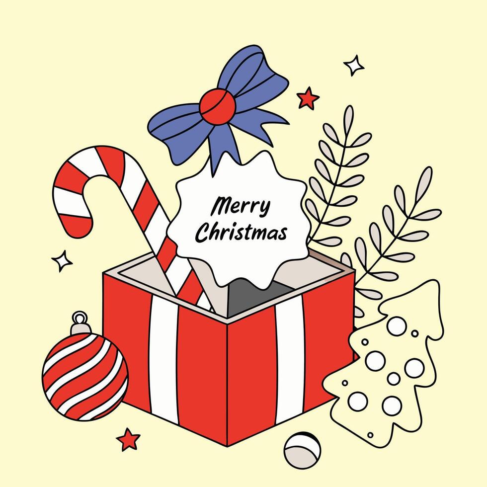 Merry christmas gift box with candy cane and christmas tree vector