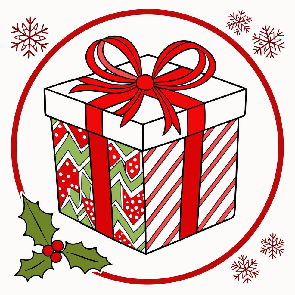 A christmas gift box with a red ribbon and holly leaves vector