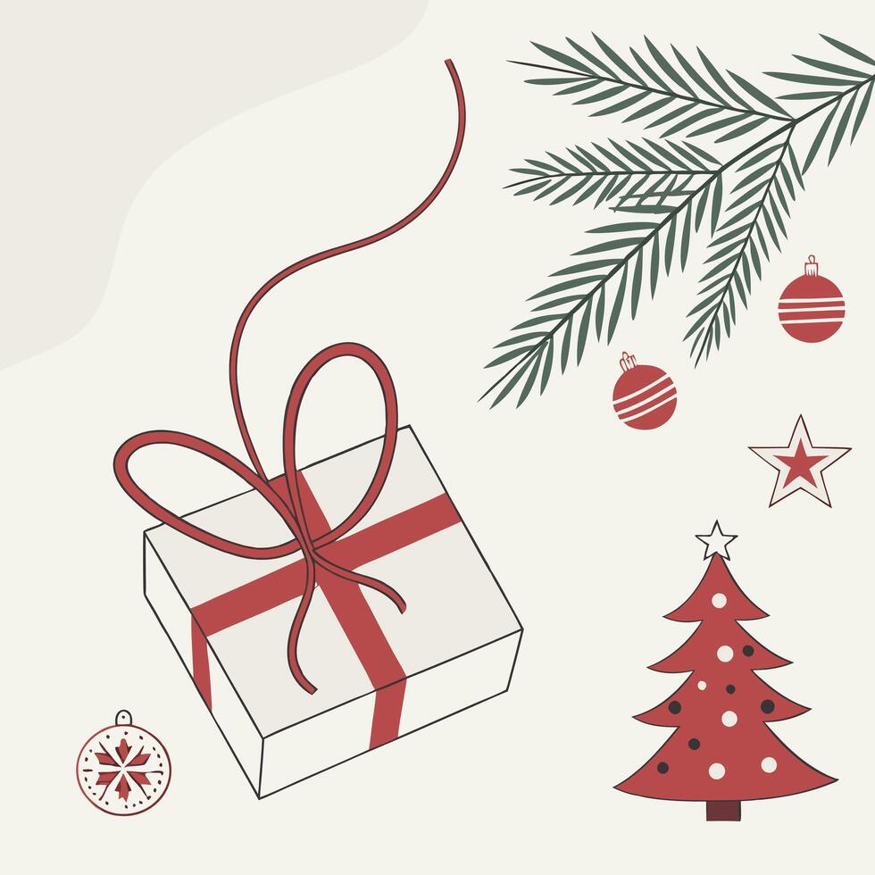 Christmas gift box with red ribbon and christmas tree vector