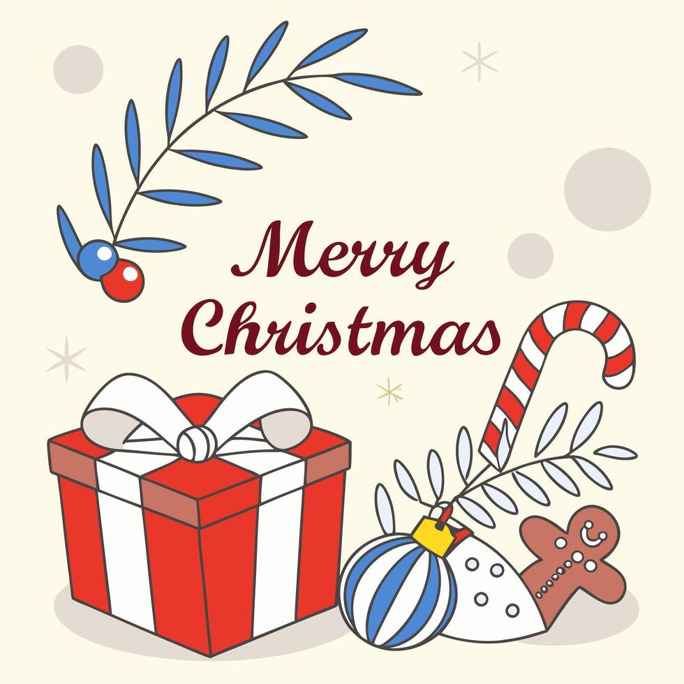 Merry christmas card with gift box and candy cane vector