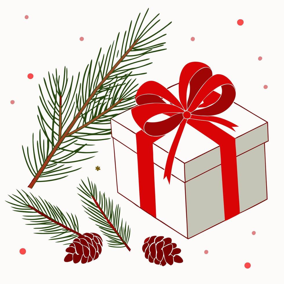 Christmas gift box with pine cones and red ribbon vector