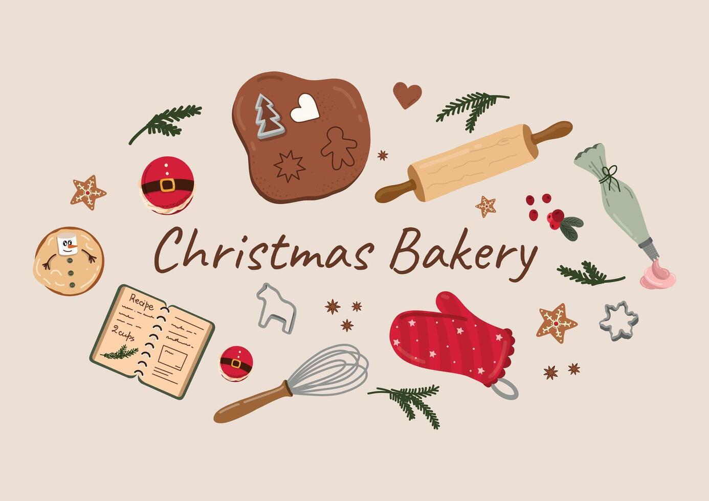 Christmas baking with gingerbread dough, cookies, baking tools, and decorations. A warm, cozy scene that captures the holiday spirit and the joy of holiday baking. vector