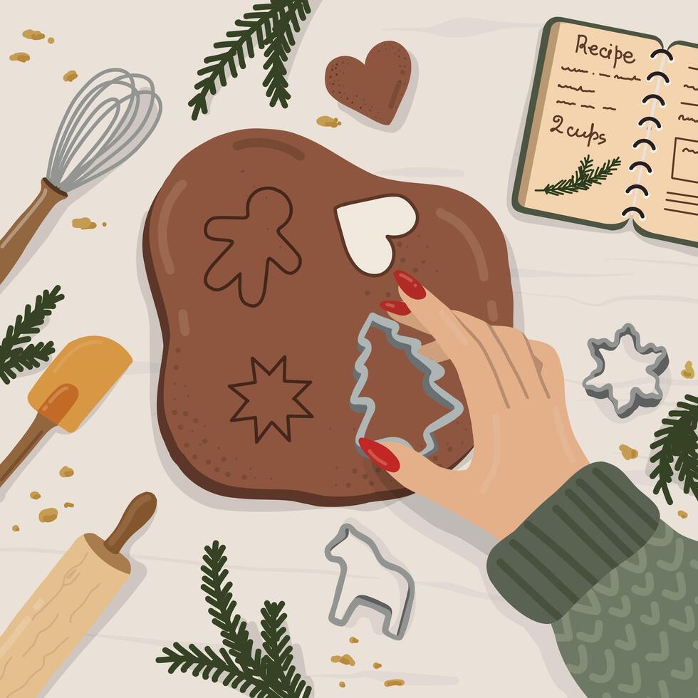 In the kitchen with baking supplies, a woman shows the process of making Christmas ginger cookies and treats. vector