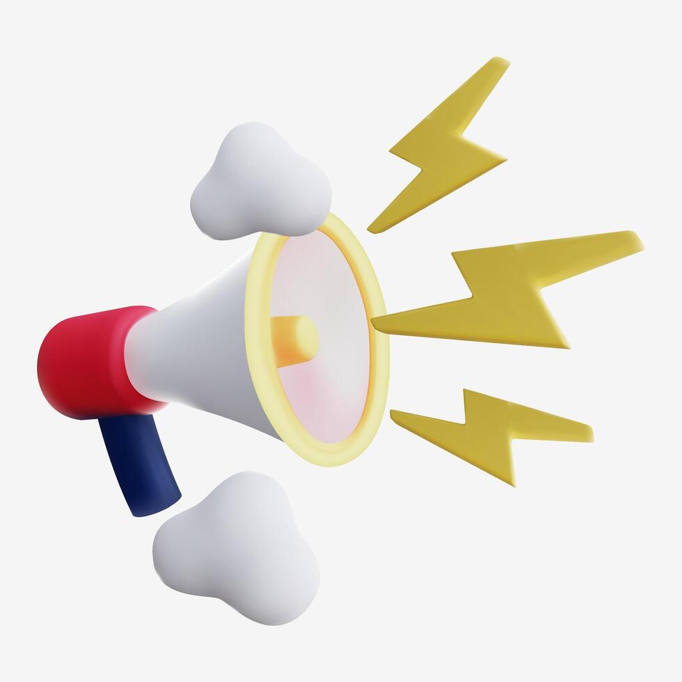 3D Yellow Megaphone Icon with Lightning Bolts for Alerts and Announcements vector