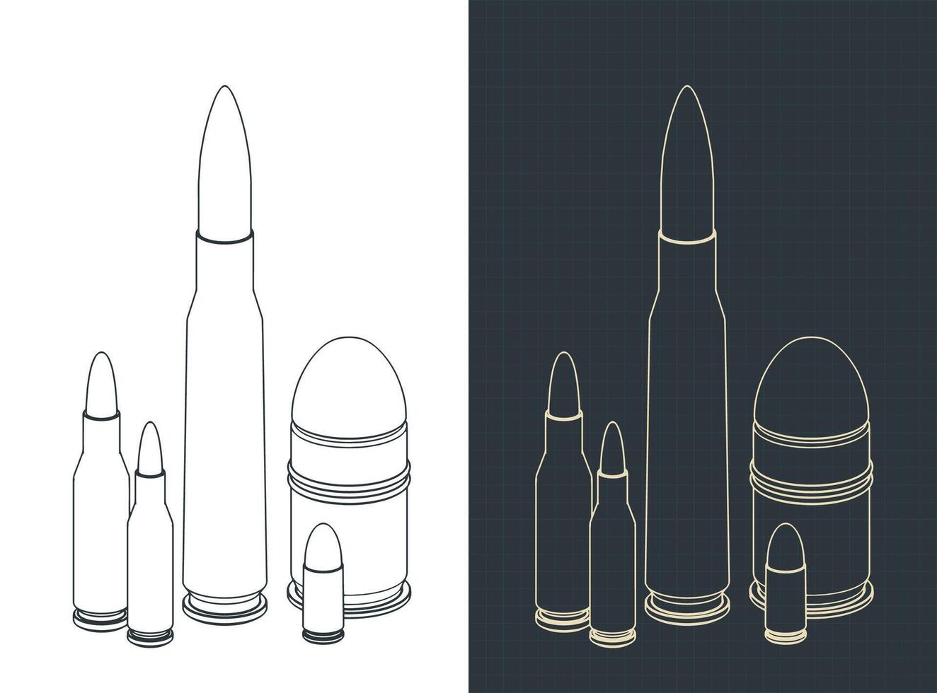 Bullets of various NATO calibers illustrations vector