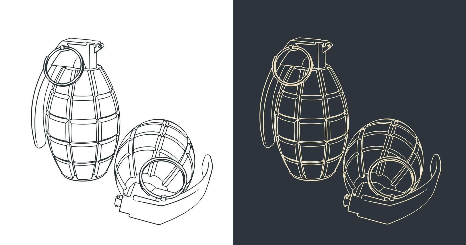 Hand fragmentation grenade sketches vector