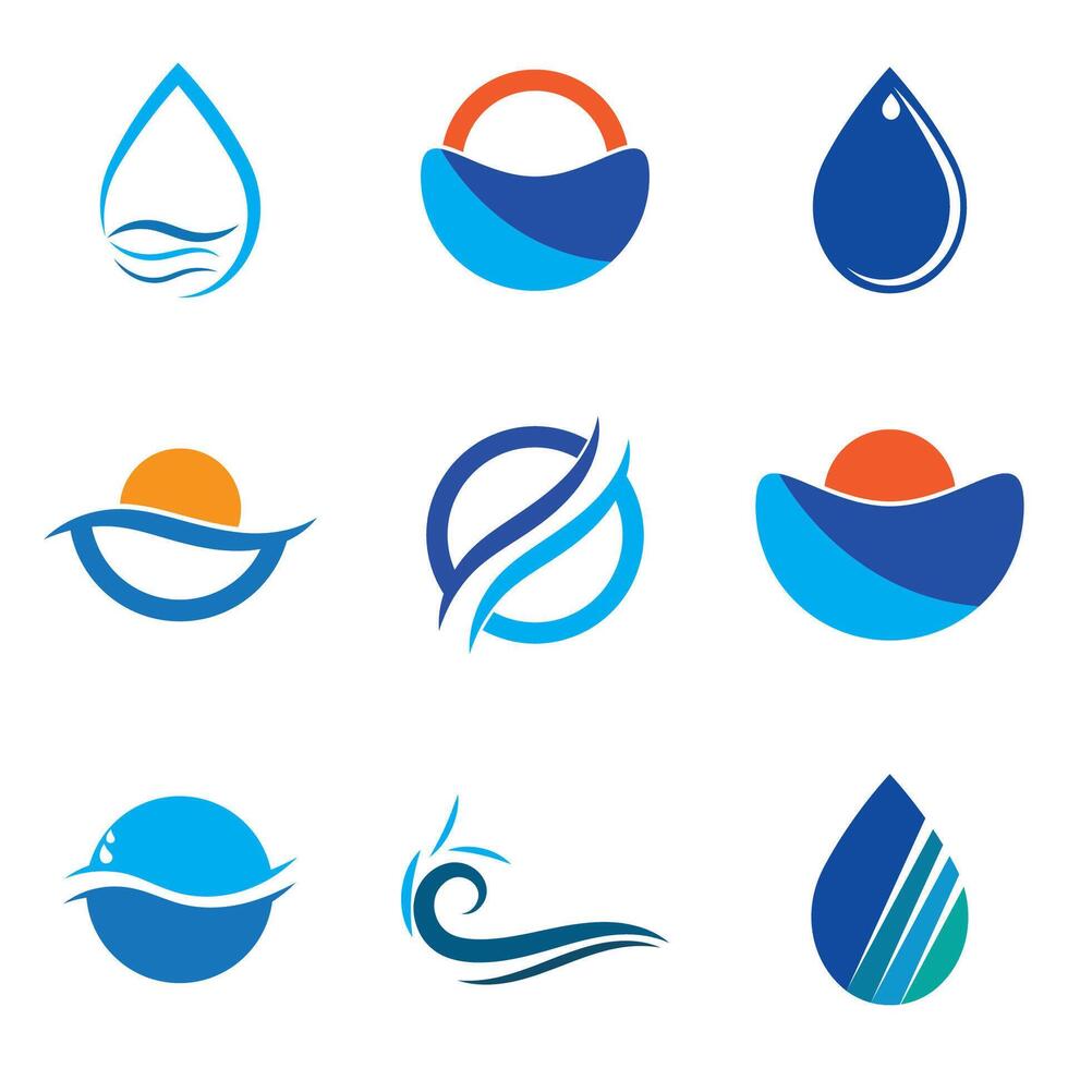 a set of six different water and sun logos, water element vector