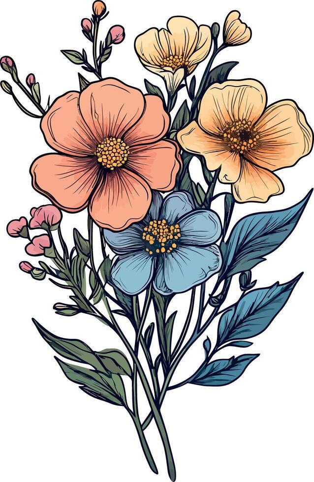 Vibrant Hyperrealistic Bouquet of Peach, Yellow, and Blue Flowers vector