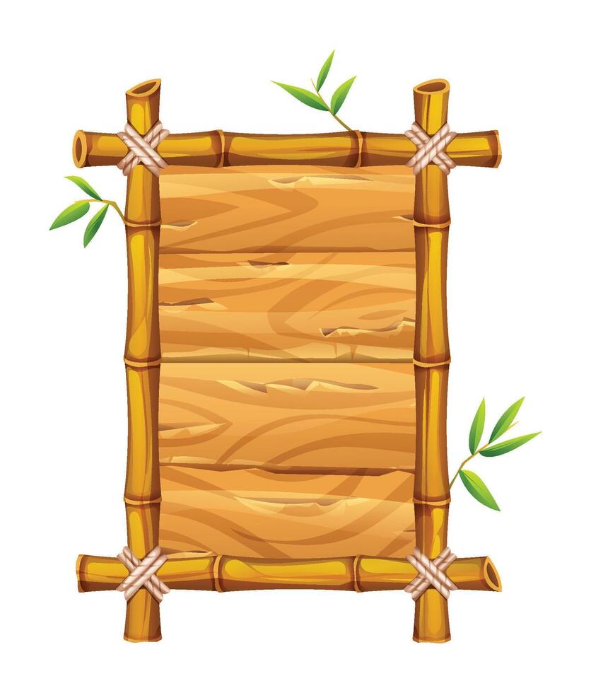 Bamboo frame with leaves and wooden planks background, perfect for tropical designs. Cartoon illustration vector