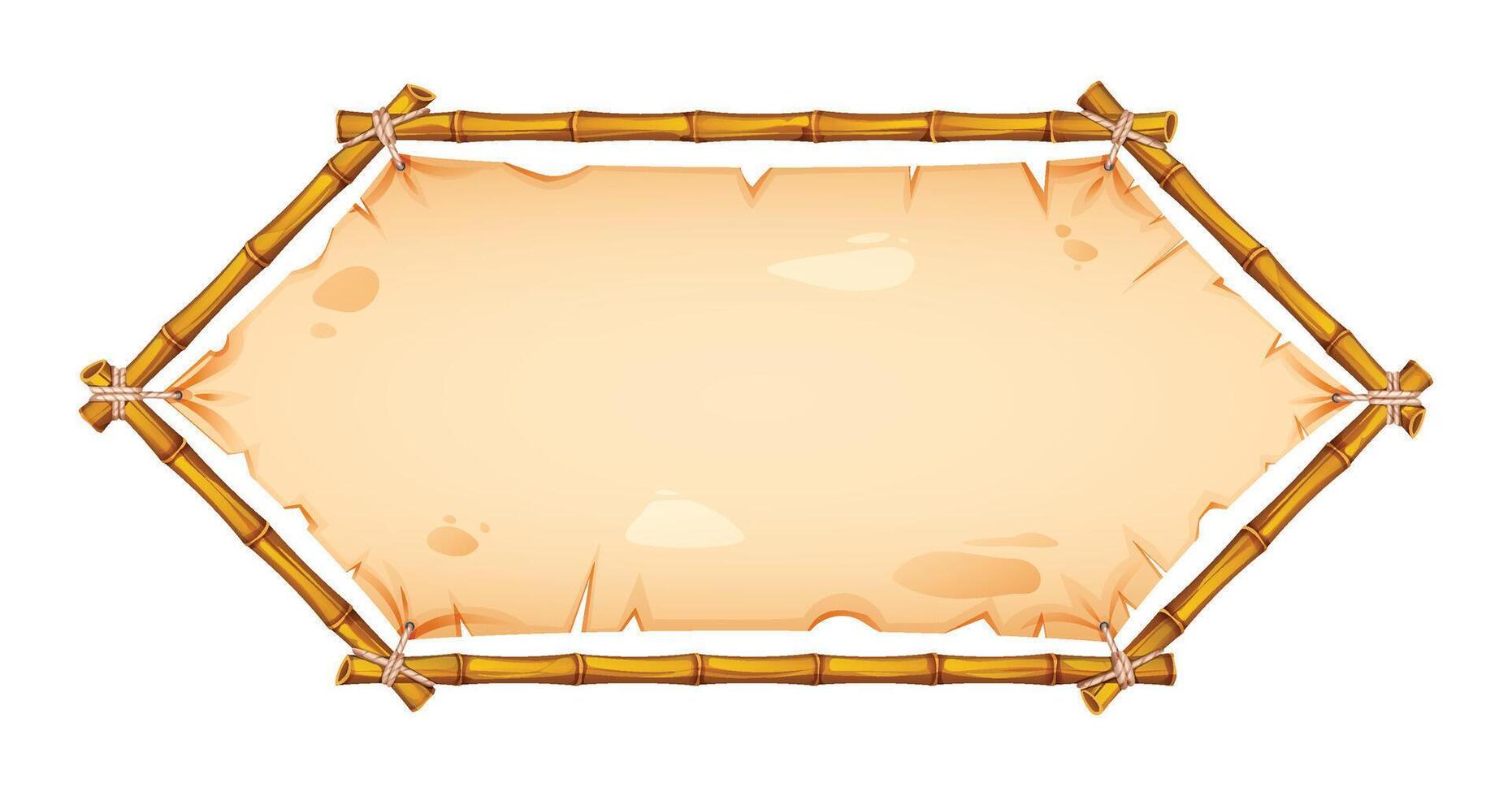 Hexagonal bamboo frame with aged parchment for banners or creative text. Cartoon illustration vector