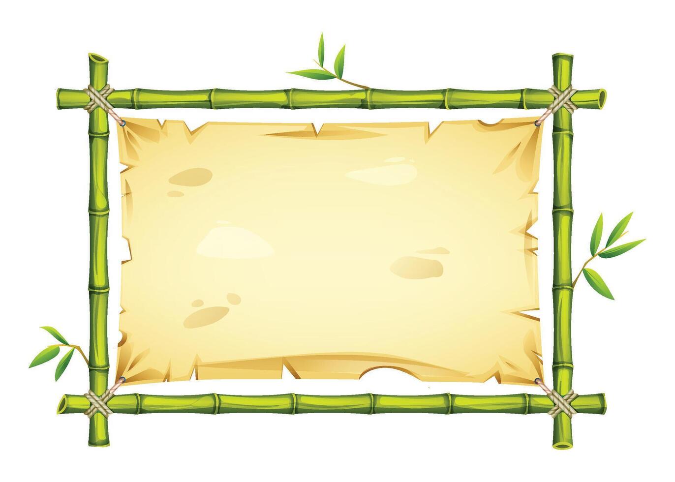Green bamboo frame with blank parchment and leaves, ideal for tropical or nature design. Cartoon illustration vector