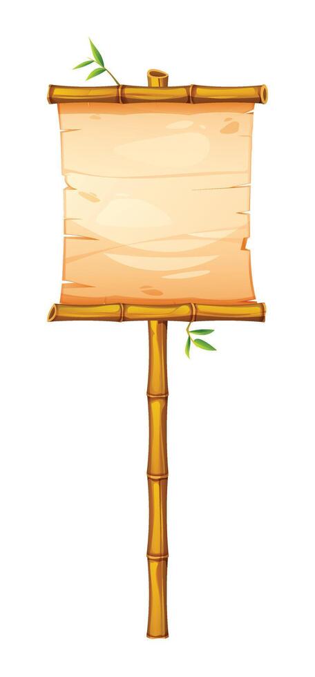 Bamboo signpost with blank parchment and leaves, perfect for nature themed announcements. Cartoon illustration vector