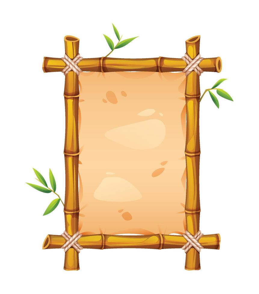 Bamboo frame with leaves and blank parchment background for text. Cartoon illustration vector