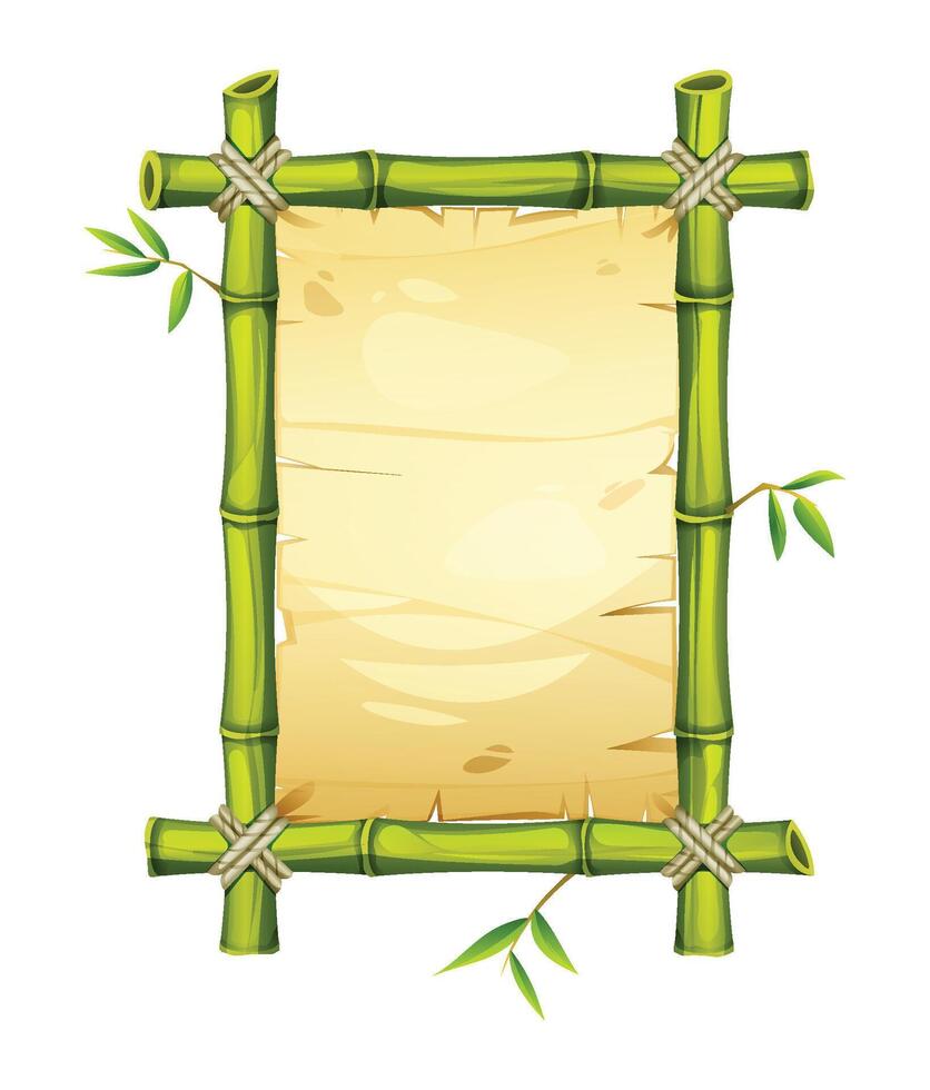 Green bamboo frame with leaves and parchment. Cartoon illustration vector