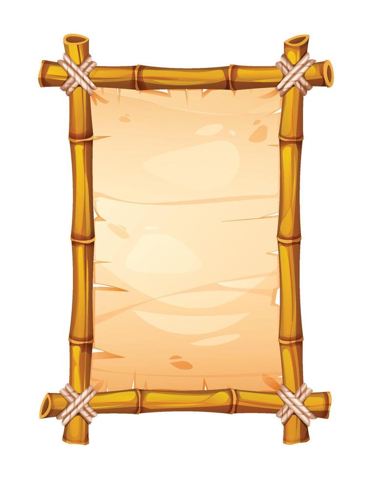 Bamboo frame with detailed old parchment, textured edges, and rustic aesthetic. Ideal for vintage design. Cartoon illustration vector