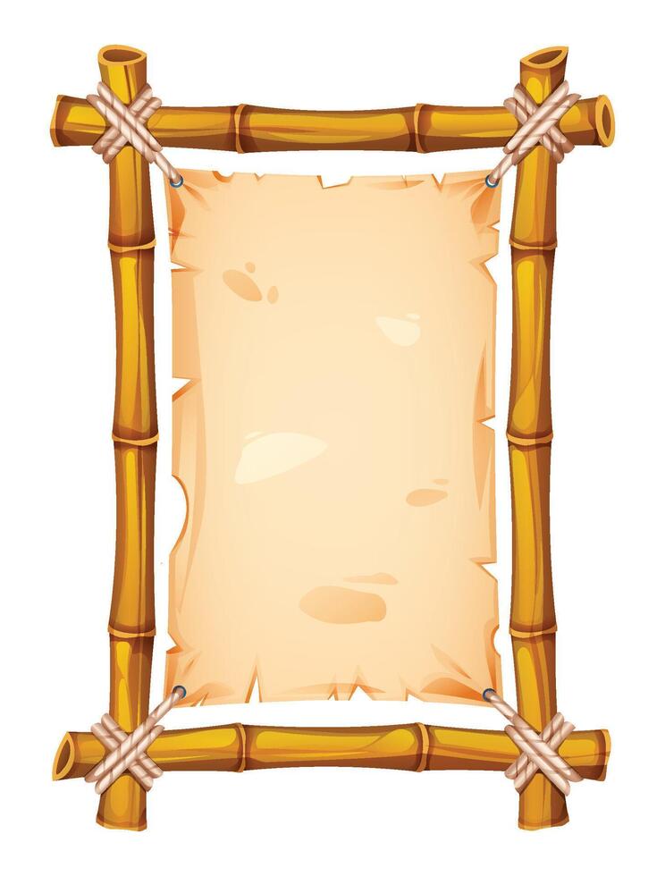 Bamboo frame with torn parchment background, ideal for creative rustic projects. Cartoon illustration vector