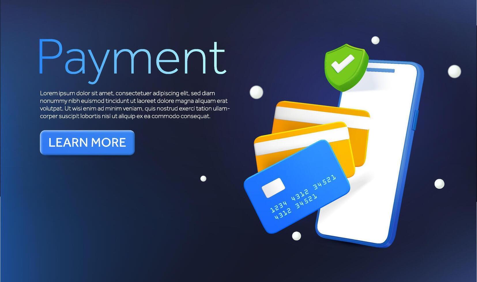 3d smartphone with green check mark, credit banking cards isolated on background. Payment banner design concept with text and call to action button for finance and commerce. 3D illustration. vector